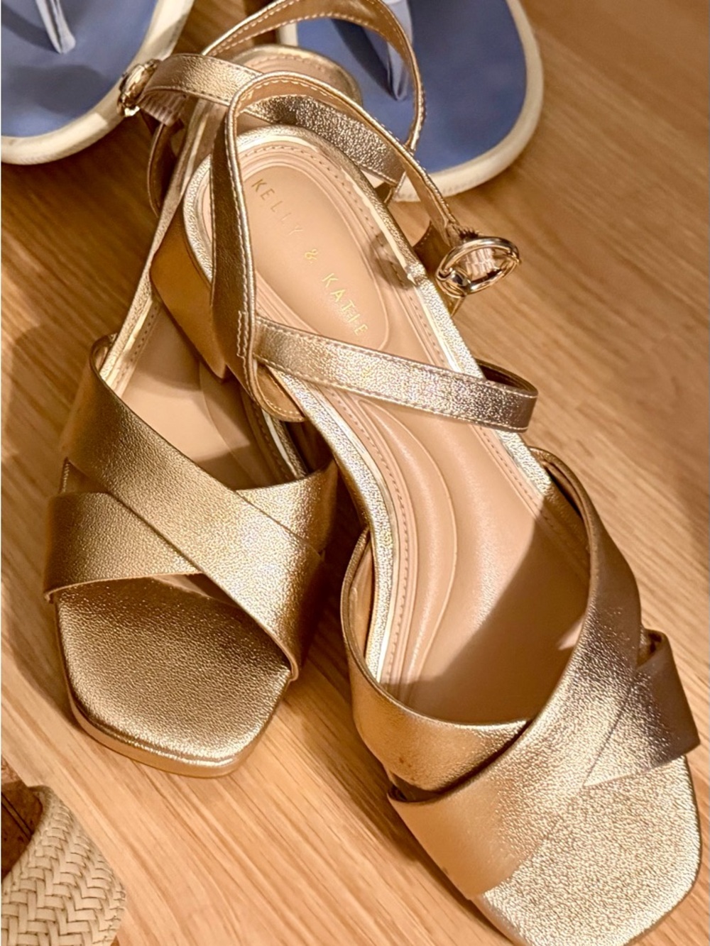 Kelly & Katie Metallic Gold Crisscross Block Heel Sandals